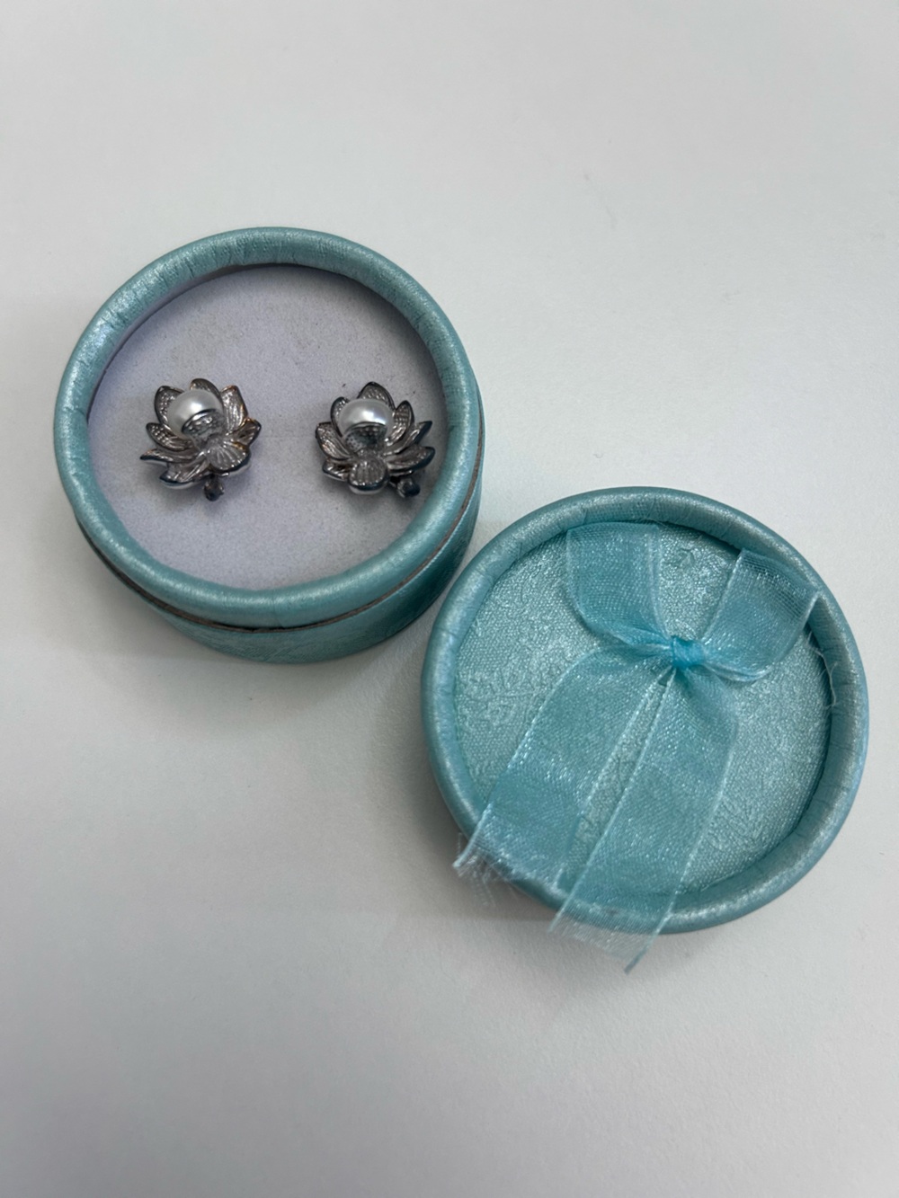 Silver Lotus Flower Pearl Stud Earrings - Blue Box